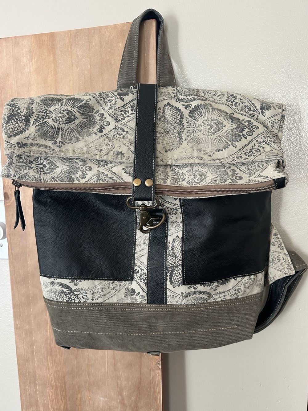 Myra Bag Upcycled Canvas Cowhide Leather Foldover Backpack Western Boho School